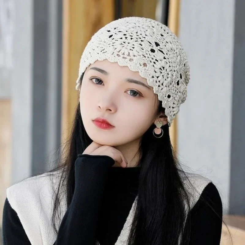 Handmade Hook Spring and Summer New Flower Pot Hats Fashion Knitted Hollow Breathable Ladies Cap Women Beanies Gorro Mujer