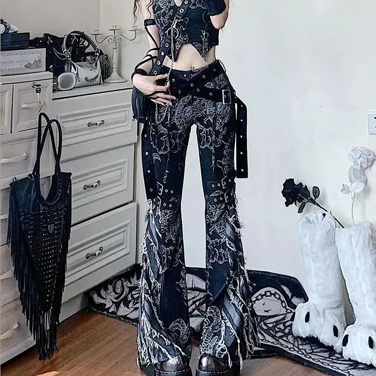 Punk Jeans Women Printed Micro-Flares Chic Personalized Low-Waisted Slimming Chic Floor-Length Pants