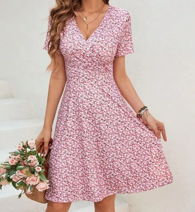 Minikleid mit Blumendruck, kurzärmelig, Midirock, Damenmode, Frühling, Sommer, V-Ausschnitt, Polyesterfaser, normales Taillenkleid – Detail 4