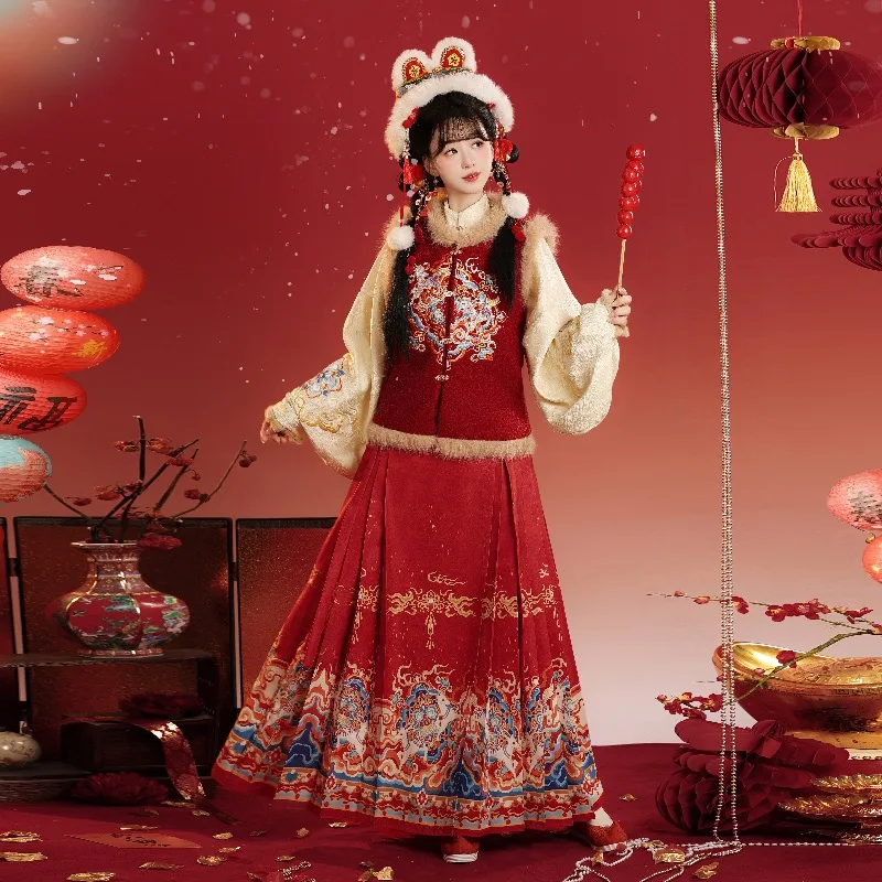 Chinese Traditional Hanfu Dress Set Women Vintage Song Dynasty Princess Dress Autumn Winter Sweet New Year Horse-faced Skirt Set