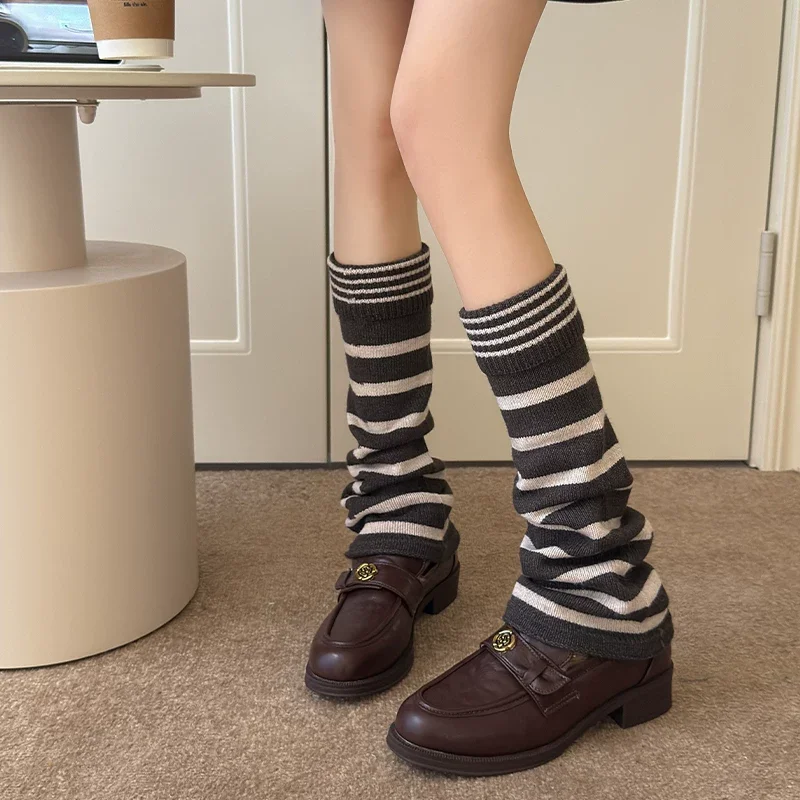 Autumn Women Basic Simple Versatile Slouch Socks Retro Japanese Striped Knit Leg Warmers Shopping Outdoor Leg Sleeves