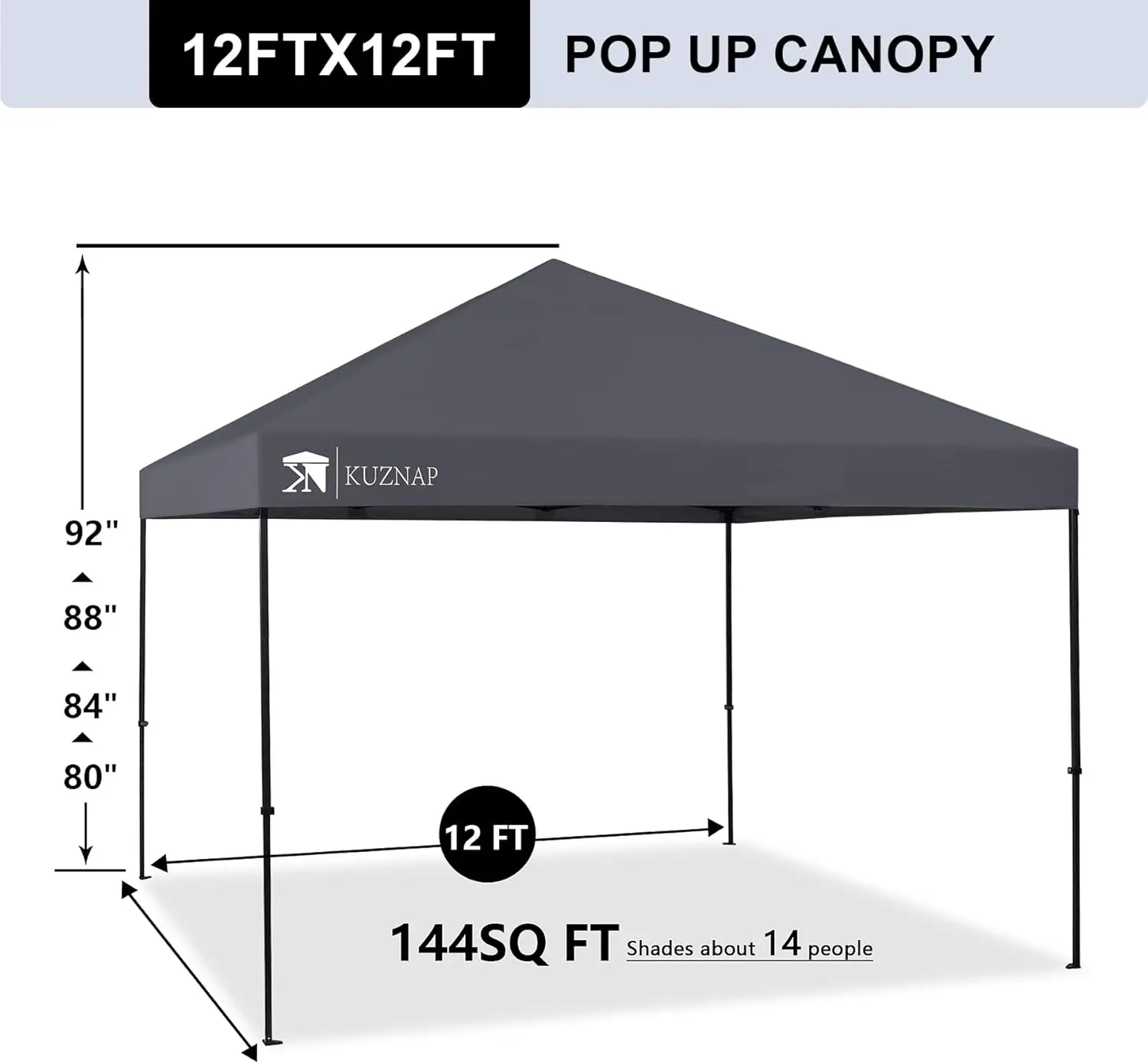 Outdoor Canopy Tent, Grey, Patented EZ Setup, with Wheeled Carry Bag, Sandbags, Stakes and Ropes