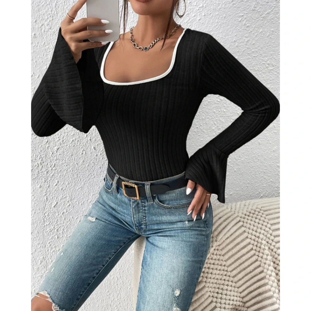 Autumn Fashion Women Colorblock Ribbed U Neck Flare Long Sleeve T Shirts Elegant Femme Skinny Top Fall Clothes 2024 Women