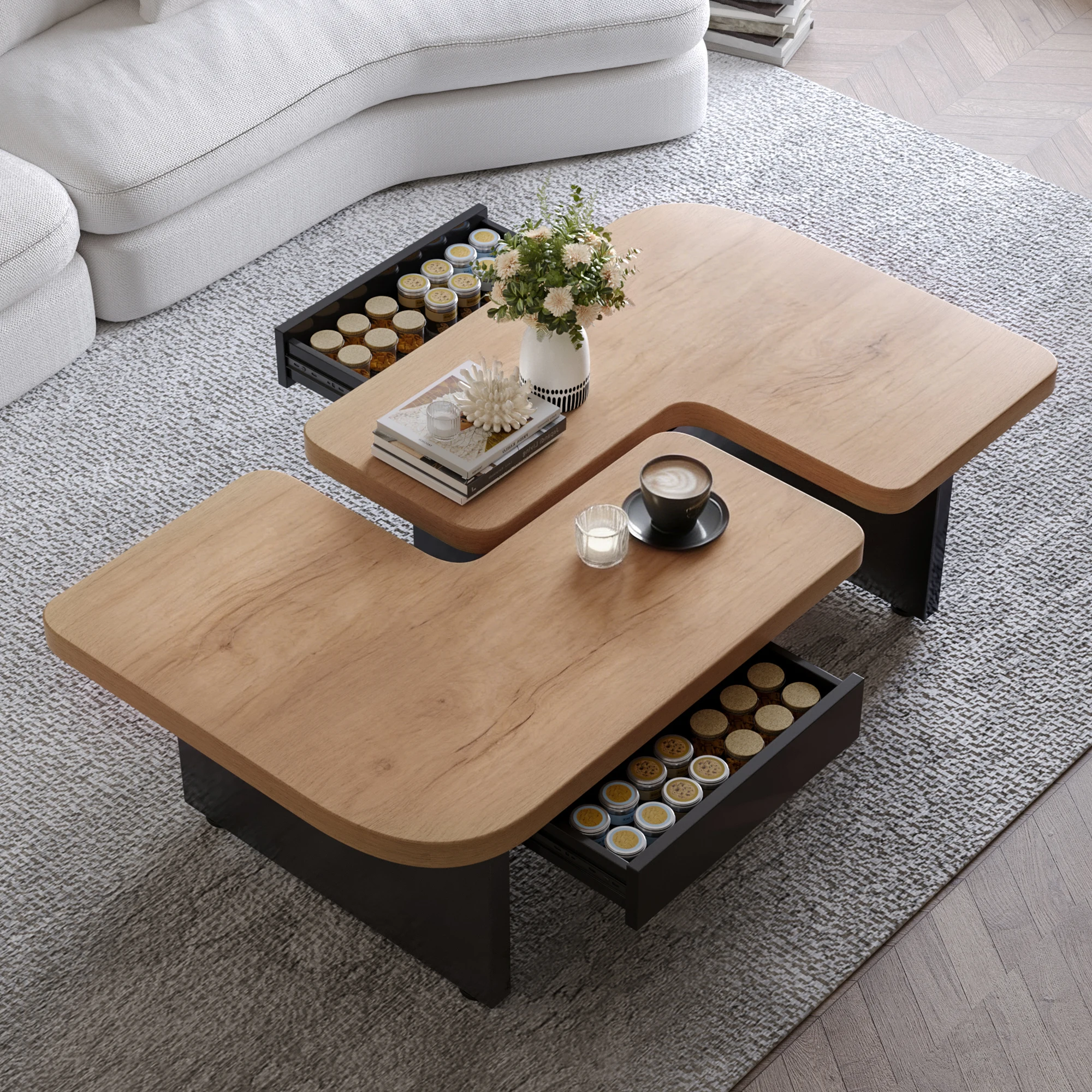 2-in-1 moderner Couchtisch, Couchtische mit Stauraum für das Wohnzimmer, kleiner Couchtisch mit 2 Schubladen und LED-Beleuchtung
