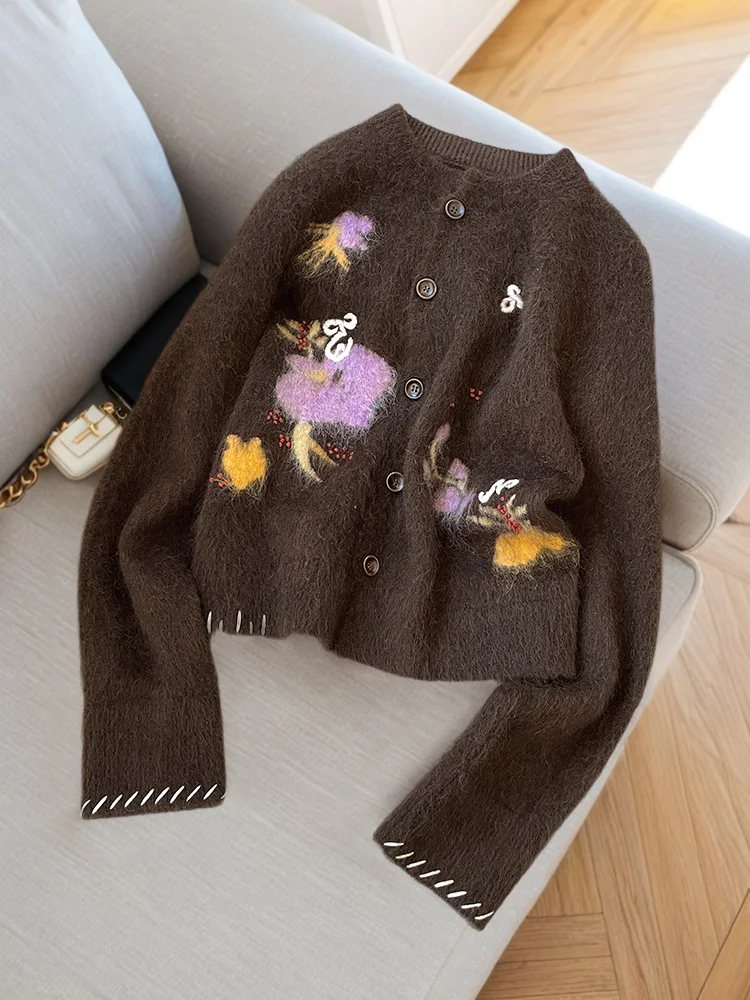 

Chic Flower Pattern Sweater Cardigan Autumn Loose Round Neck Knit Tops Vintage Casual Soild Color Long Sleeved Coat
