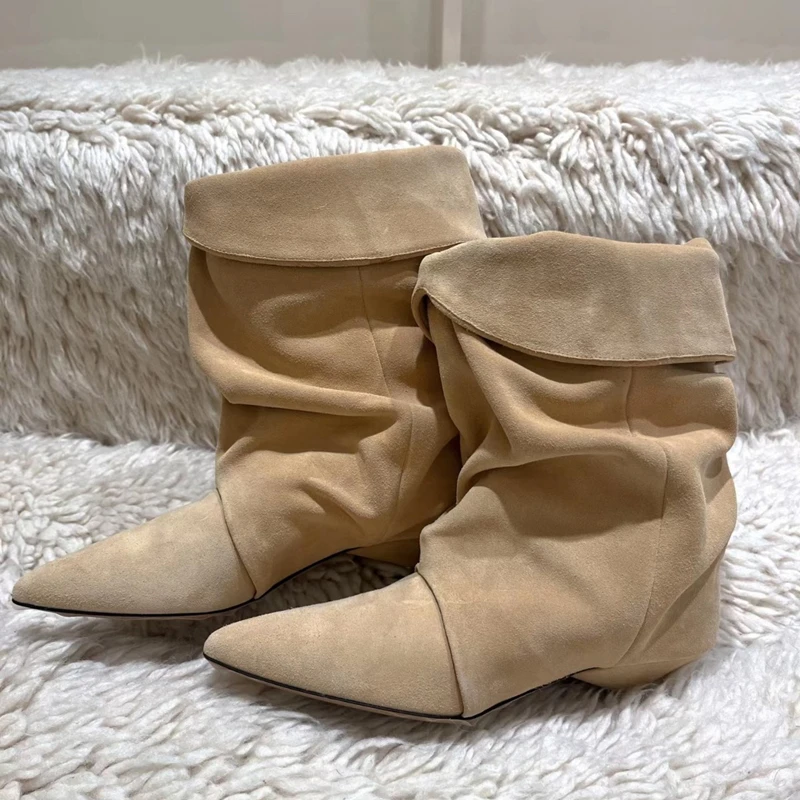 Fashion Kitten Heel Pointed Toe Women Knight Boots Luxury Designer All Match Casual Ankle Boots Pleated Western Cowboy Botas New