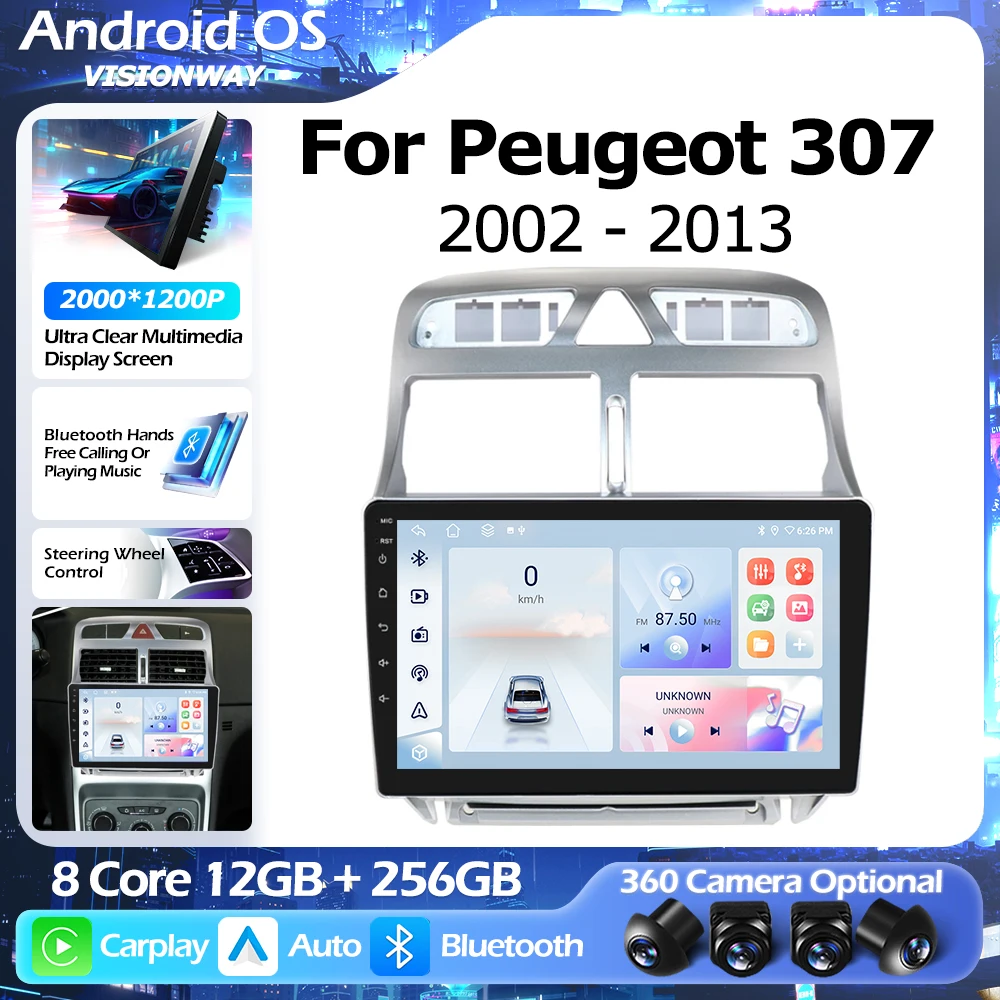 

Android 16 для Peugeot 307 307CC 307 SW 2002-2013, автомобильный радиоприемник, интеллектуальный мультимедийный плеер, автоматический беспроводной CarPlay WIFI 4G DSP GPS