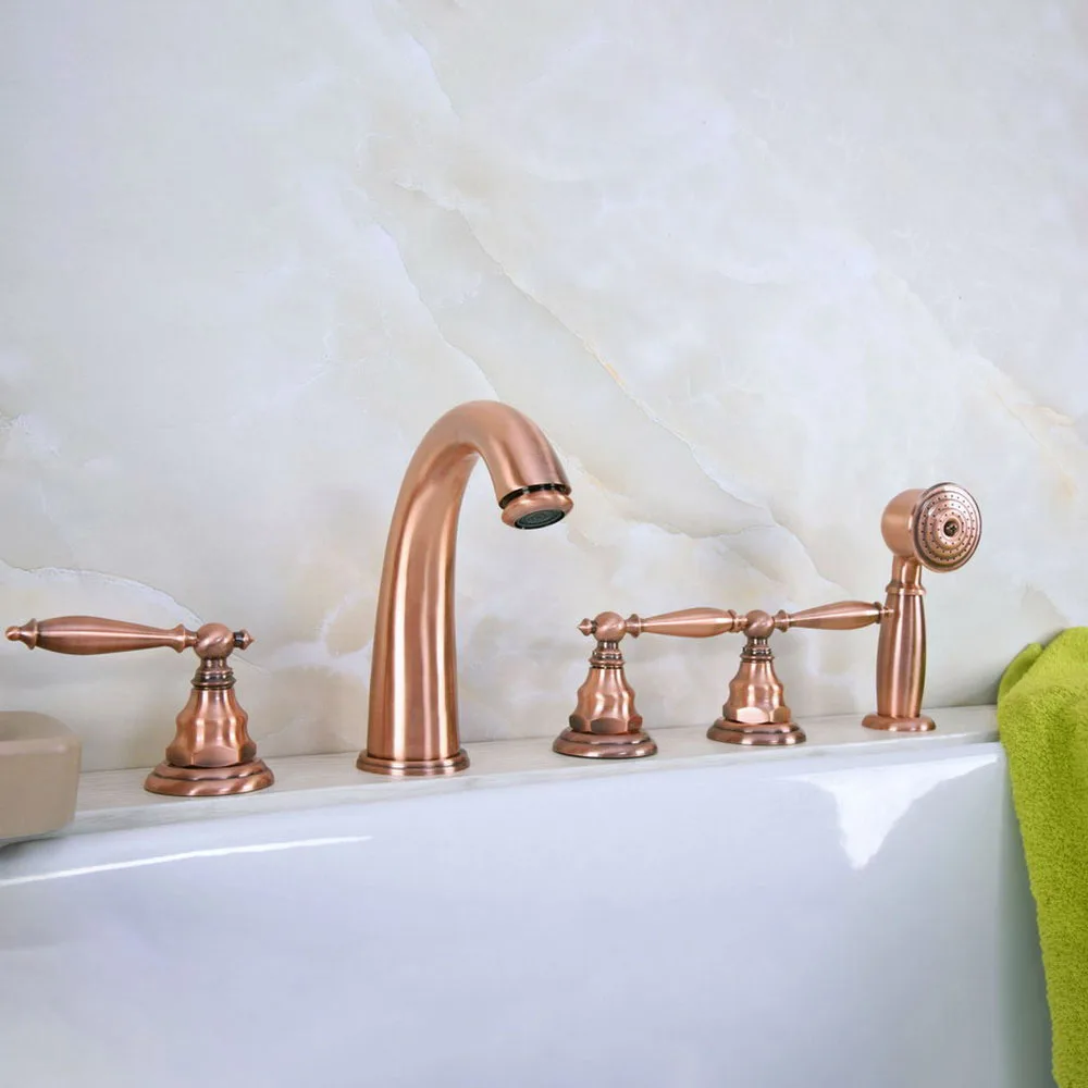 

Antique Red Copper Deck Mounted 5PCS Bathroom Faucet Bathtub Basin Tap Cold Hot Water taps With Three Handles ztf235