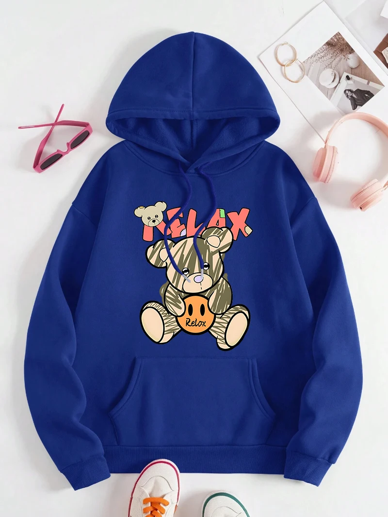 

Relax Bear Hoodie Women Cute Cartoons Prints Sweatshirt Pocket Loose Fleece Warm Sportswear Winter Comfortable Woman Clothes