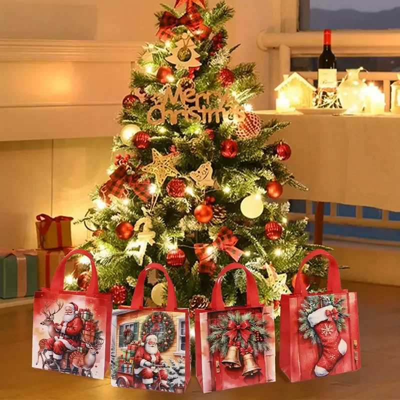 4 قطع من حقائب اليد الاحتفالية لعيد الميلاد بتصميم عطلة باللونين الأحمر والأخضر - أكياس هدايا غير منسوجة قابلة لإعادة الاستخدام للبقالة، هدايا الحفلات #6