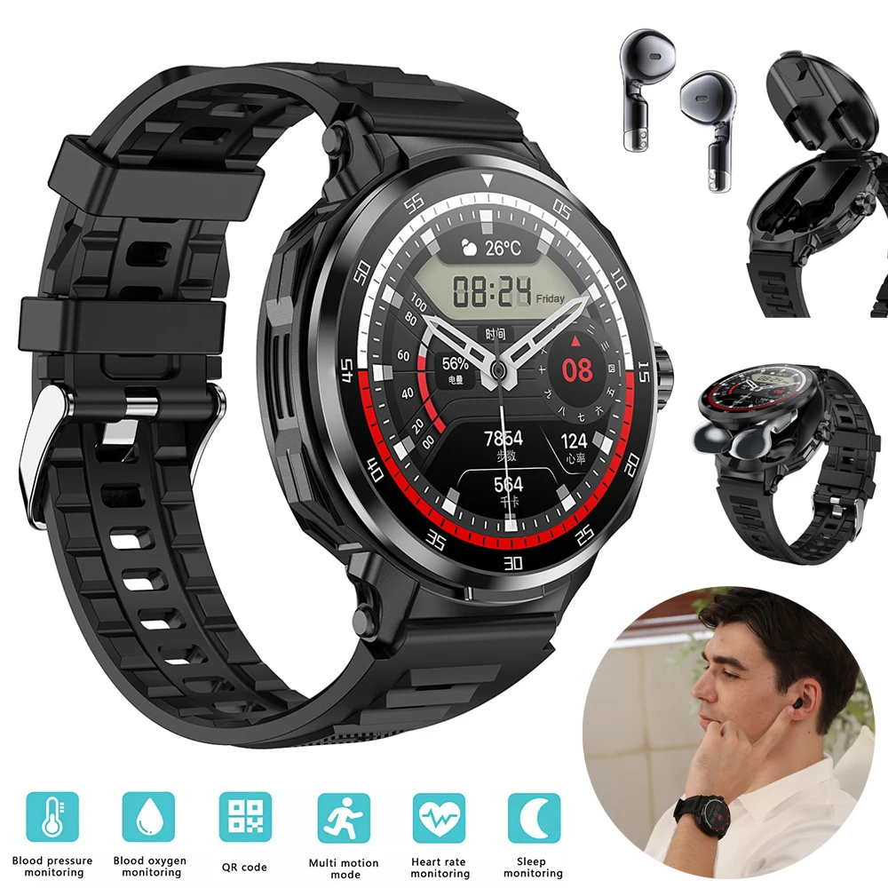 New Smart Watch for Men Women 2-in-1 TWS Earphones HiFi 9D Bluetooth Call Heart Rate Health Monitoring IP67 Sports Smartwatch