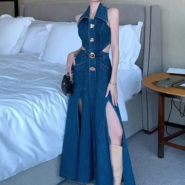 

Split Dresses Metal Buckle Waist Hollow Out Trendy Fashion Women'S Denim Dress 2024 Spring Lapel Sleeveless Long Dress Female