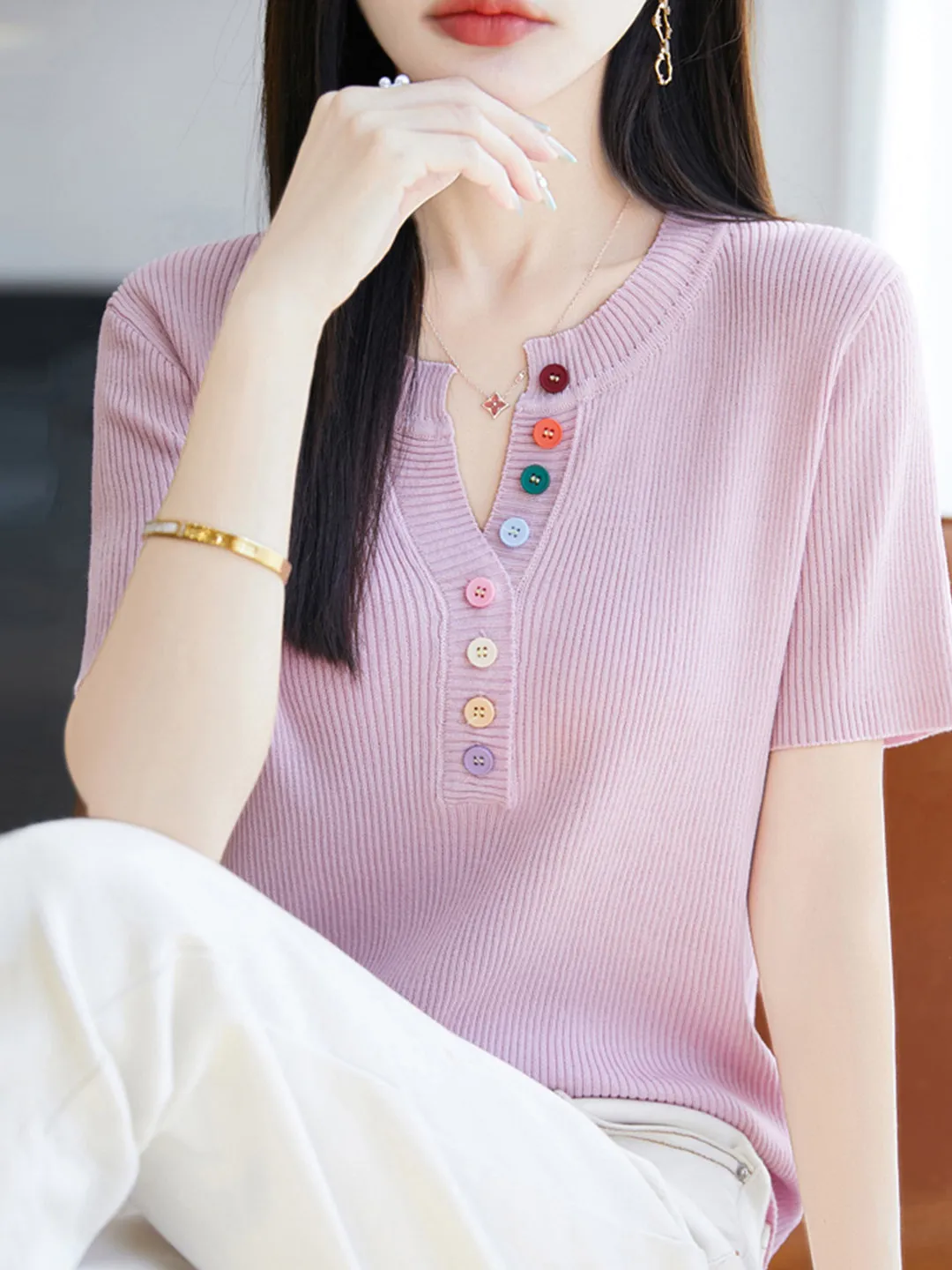 2026 Summer New Pure Color Button Knitted Short Sleeve Women's T-Shirt Thin Ice Silk Knitted Top plus Size Female Upper Body