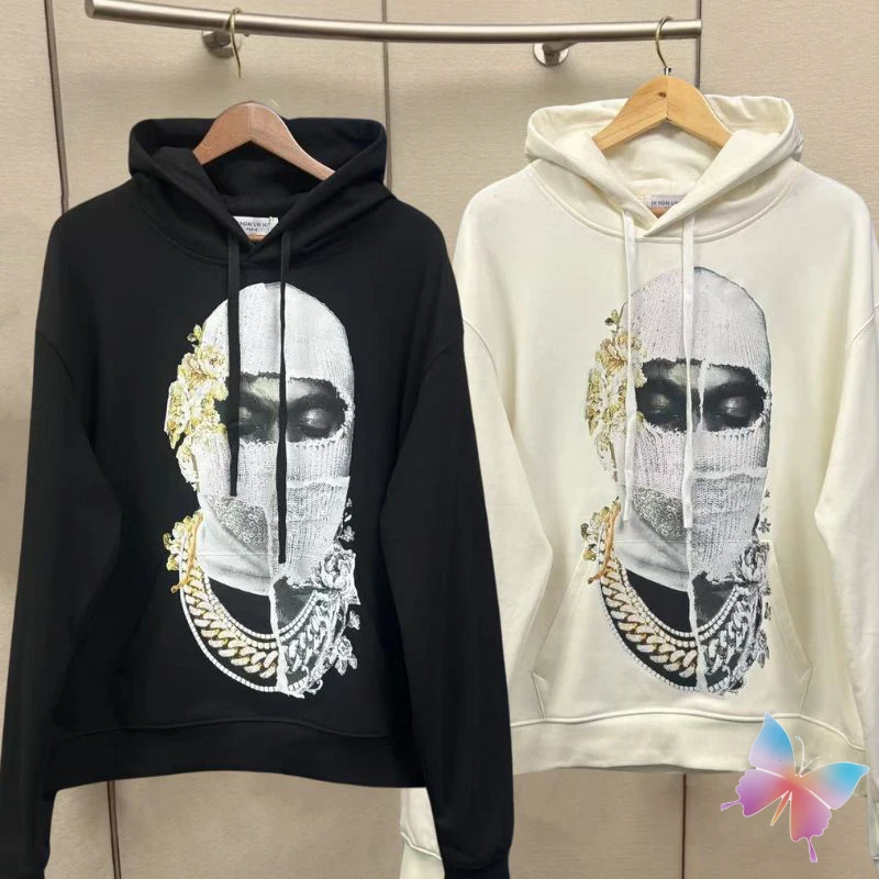 

24ss Street IHNOMUHNIT Hoodie Cotton Floral White Face Mask Printed Hooded Drawstring Sweater Casual Loose Men Women Sweatshirts