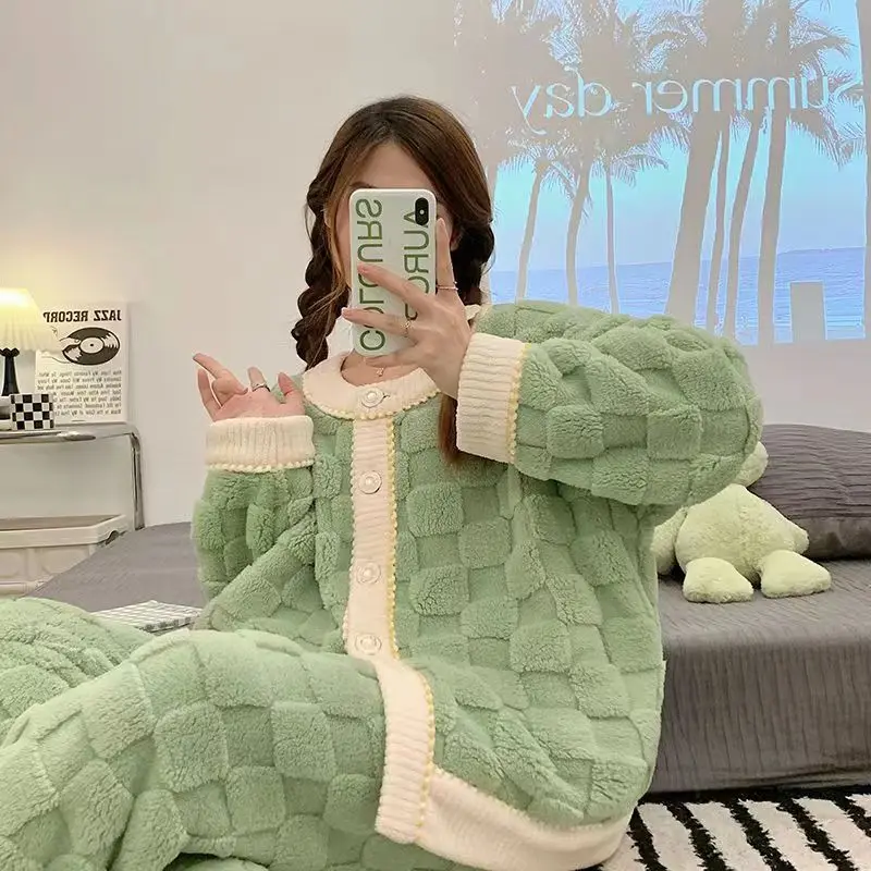 Thickened Coral Fleece Pajamas Set Women Autumn Winter 2024 New Lounge Home Suit Warm Sleepwear 2pcs Set Plus Size Homewear Set