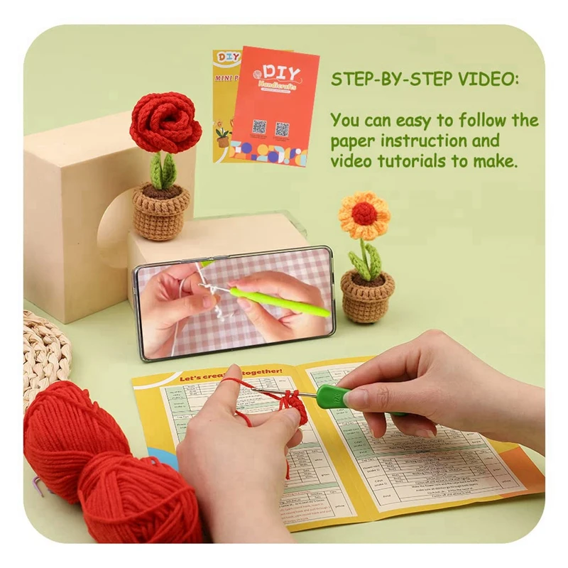 Complete Crochet Kit Spare Parts For Beginners,6 Pcs Crochet Potted Flowers Kit With Step-By-Step Instructions Video Tutorials
