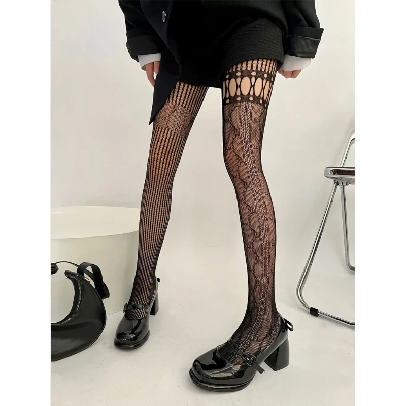 Women Aesthetic Sexy Hollowed Fishnet Lace Pantyhose Asymmetrical Spliced Striped Patterned See Through Tights Stockings