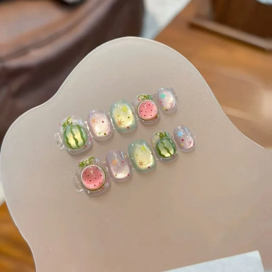 [This Melon Is Sweet] Purely Handmade Nail Wear Watermelon Nail Art Short Sweet Fake Nail Sticker White and Cute Nail Piece