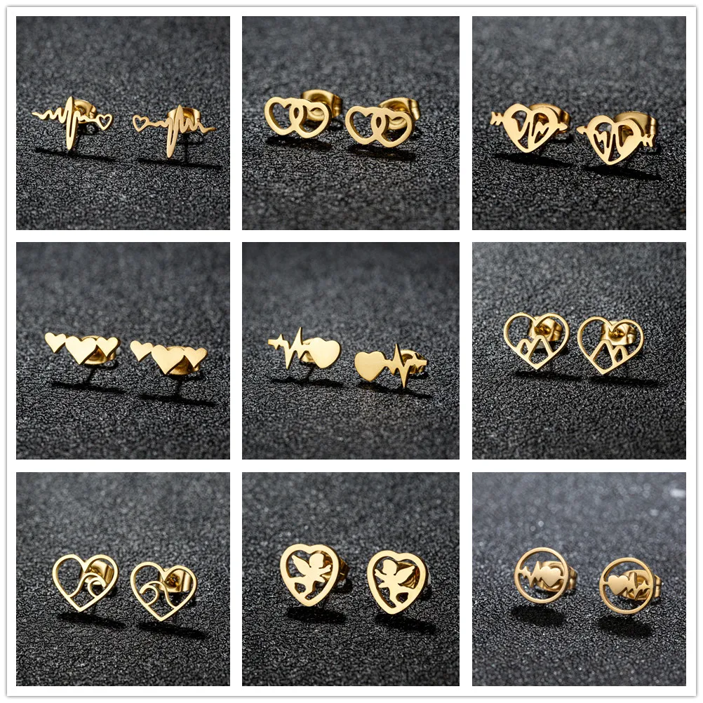 Pendientes con forma de corazón ondulado para mujer, aretes de estetoscopio de latido del corazón de acero inoxidable de color dorado, accesorios para médico, regalo de joyería
