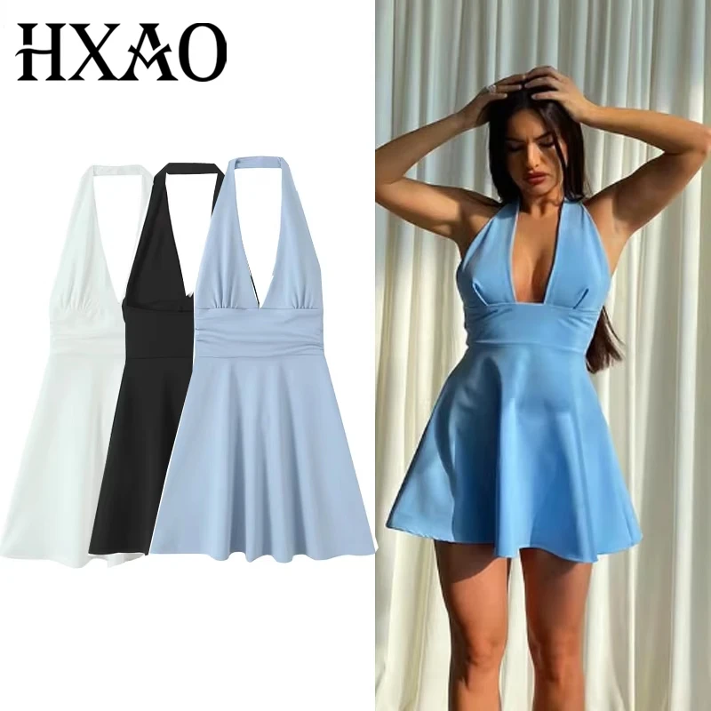 HXAO Schulterfreies Neckholder-Damenkleid, sexy rückenfreie Partykleider 2025, Frau, Sommer, plissiertes Minikleid, solide kurze Kleider 088