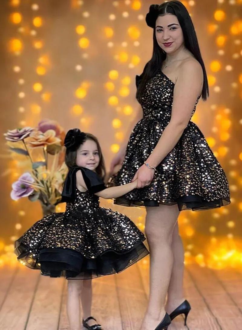 Vestido de un hombro para niña pequeña, traje de fiesta de princesa, lentejuelas brillantes, color negro, primera comunión