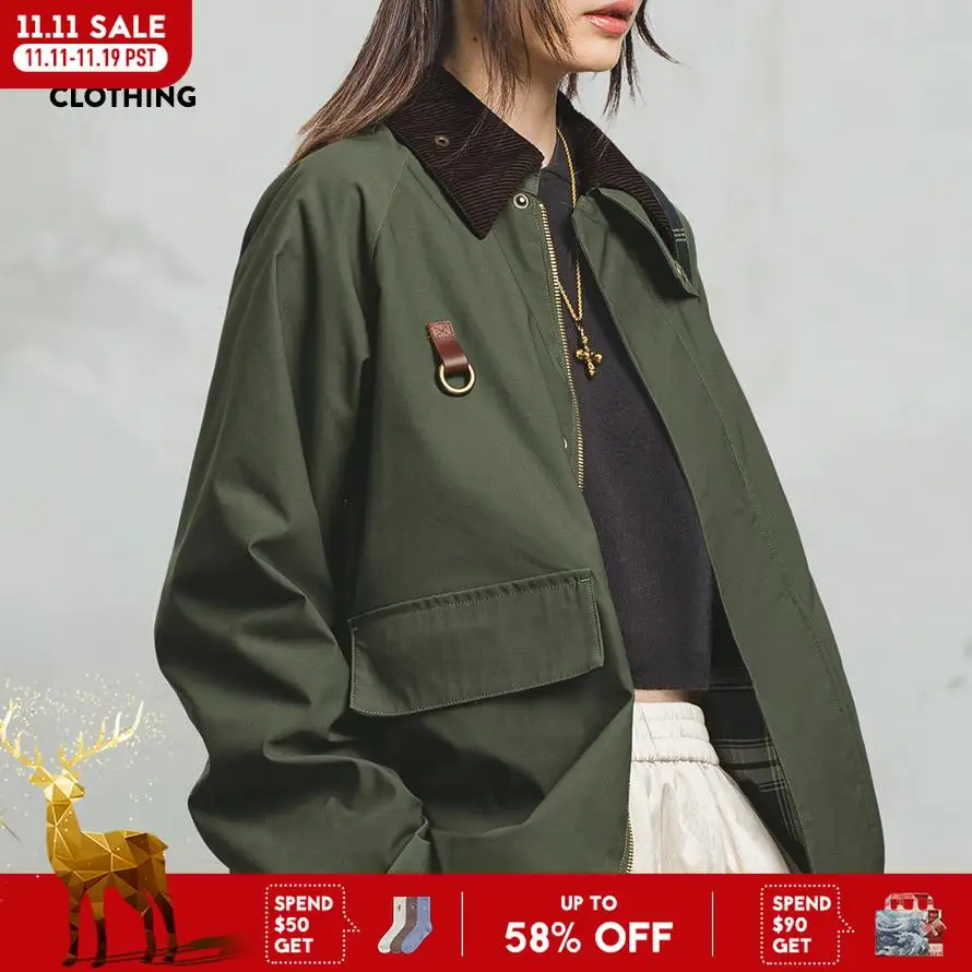 

Maden Women's Retro Green Short Barn Jacket Corduroy Patchwork Lapel Zippered Utility Coat Casual Fall Outerwear
