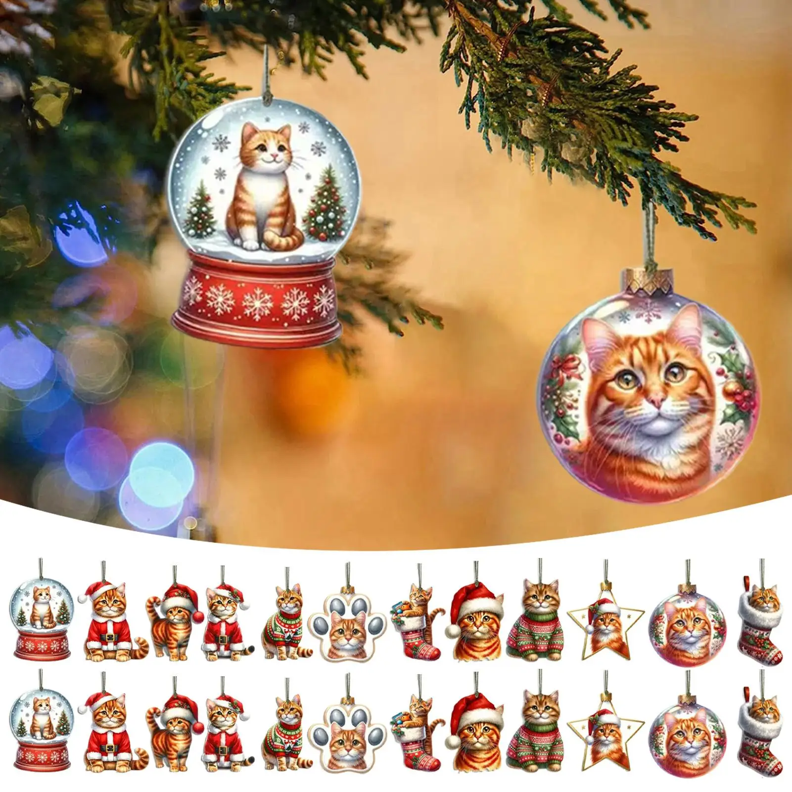 24 peças gato ornamento de natal enfeites de árvore de natal de madeira pingente de férias para casa apartamento sala de estar cozinha