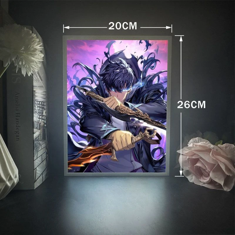 

Светодиодная картина Solo Leveling Аниме Фигурка Sung Jin Woo Cha Hae в портрете Лампа для рисования Украшение комнаты Плакат Рисунок Свет