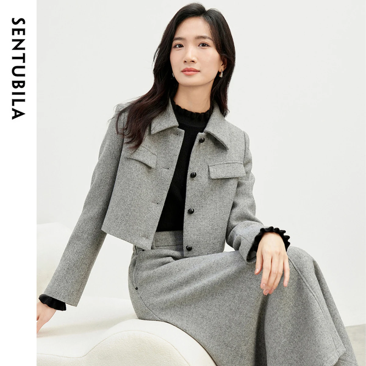 

SENTUBILA Women's Jacket 2025 Winter Straight Turn Down Collar Single Breasted Vintage Commute Wool Blend Outerwear 144W57304