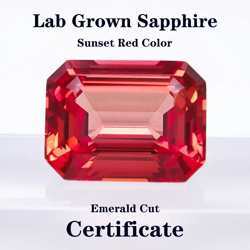 

Lab Grown Sapphire Sunset Red Color Emerald Cut for Charms Jewelry Making DIY Ring Necklace Earrings Main Materials Certificate