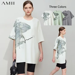 AMII Minimalist T-shirt Women 2025 Autumn New Loose O Neck Drop Half Sleevees Floral Printed Letter Embroidery Tops 12511019