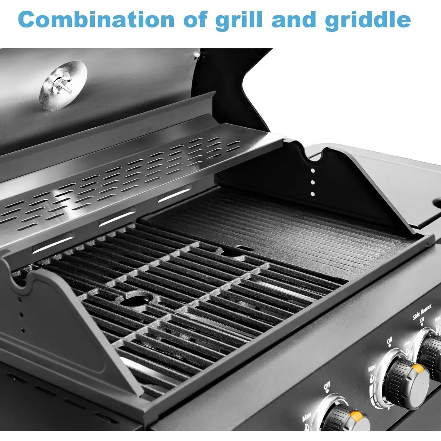 2 in 1 Propane Gas BBQ Grill with Side Burner & Porcelain-Enameled Cast Iron Grate, 4-Burner Flat Top Grill