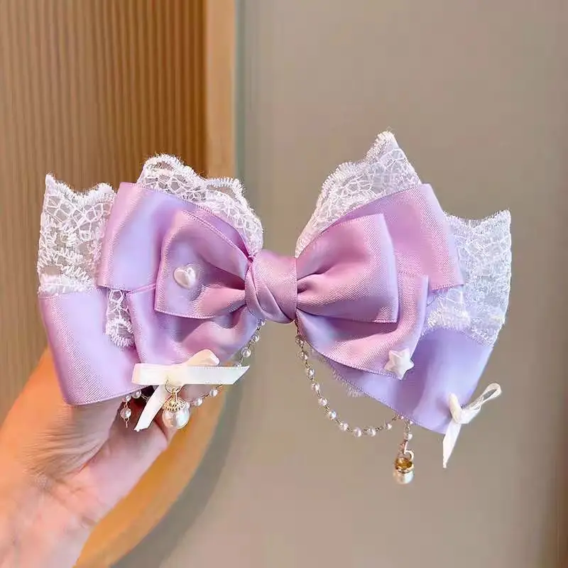 1 Women\'s Polyester ribbon Lace Lace Pearl chain Internet celebrity big bow tie hairpin Fashion personality Sweet and cute cheap