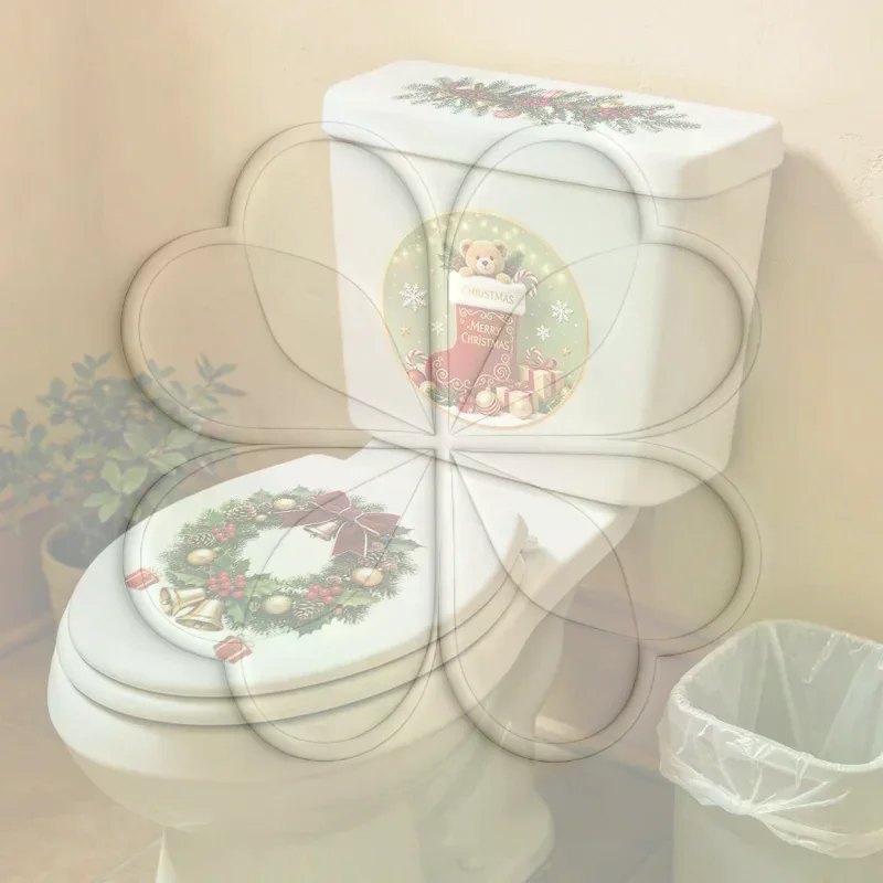3Pcs Removable Christmas Toilet Seat Stickers Lovely Bear Wreath Print Waterproof Decals for Home Holiday Bathroom Decor