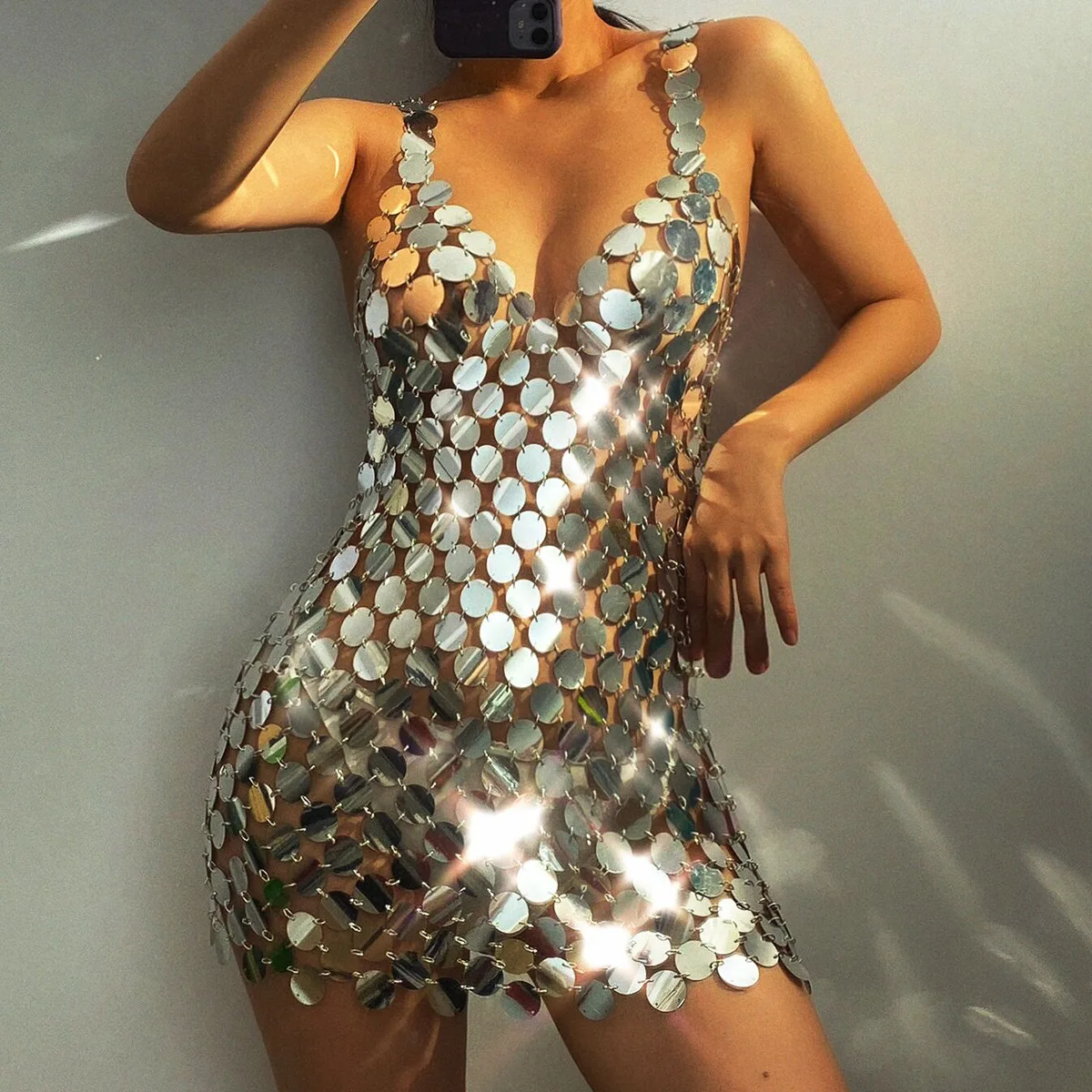 Sexy Metal Sequin Body Chain Jewelry for Women Paco Rabanne Rhodoid Disk  Dress Handmade Sequins Patchwork Nightclub Party Dress - AliExpress  200000345