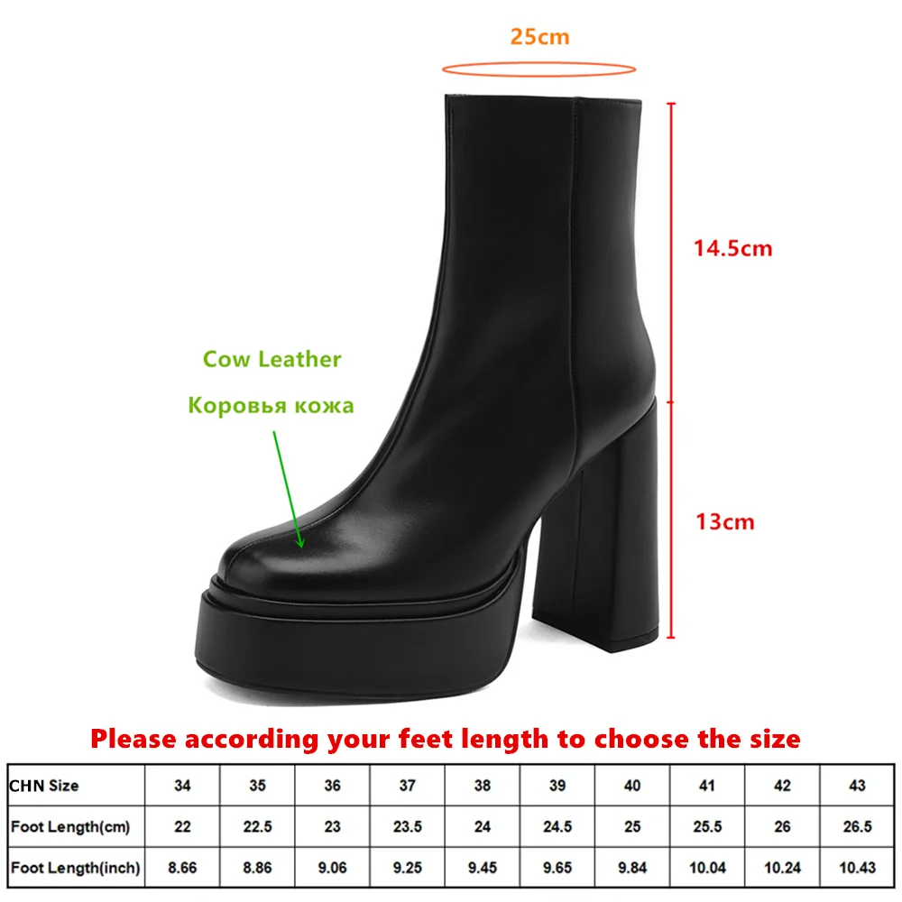 Aucegi-Bottes de rinçage en cuir véritable pour femme, chaussures de soirée classiques, bottes de printemps et d'automne, Parker rond, chaussures à plateforme zippée, talon optique