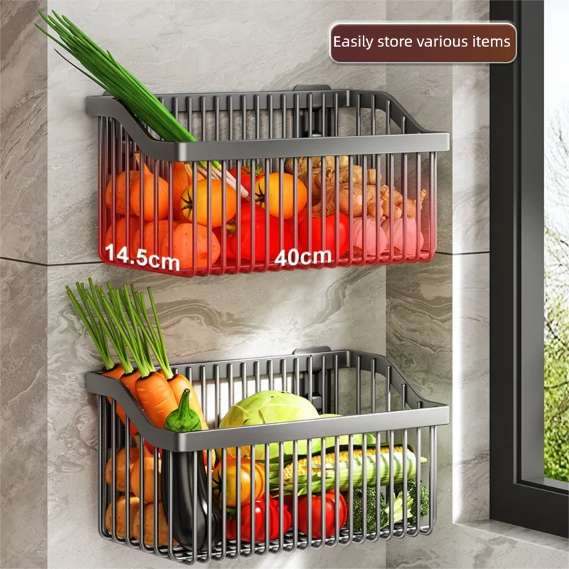 No-Drill Multifunctional Wall-Mounted Spice Rack Kitchen Storage Organizer Salt Seasoning Jar Vegetable Basket Rack