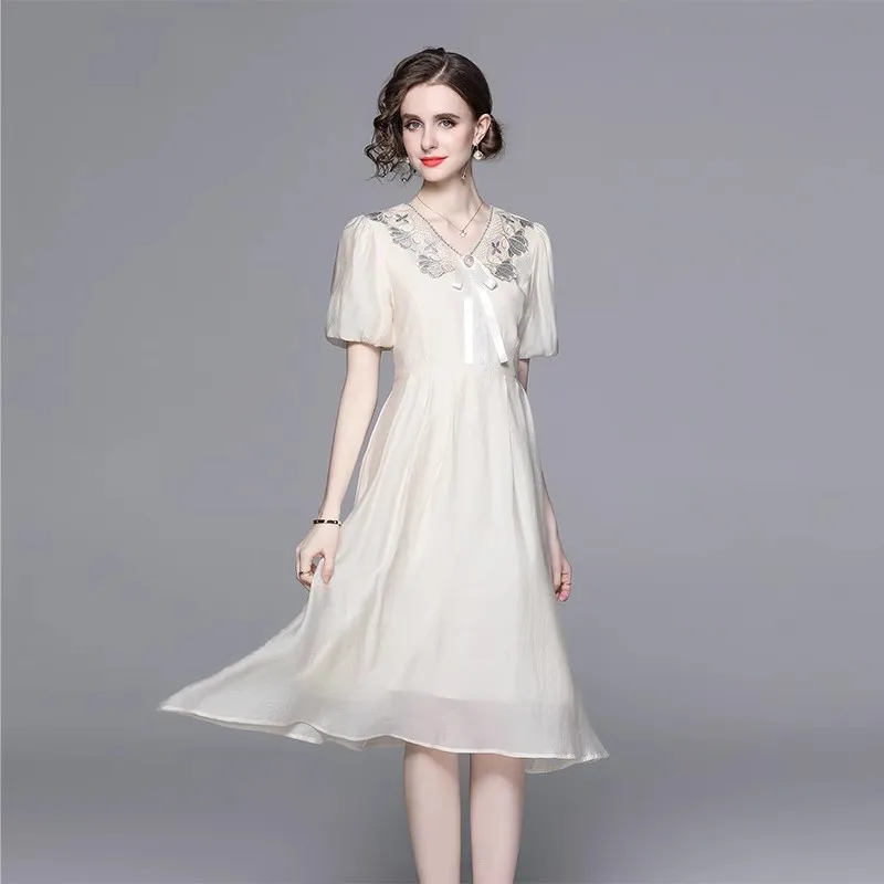 

ZCJDIN Fashion Elegant 2023 Summer New French Women Casual Slim Dress Korean Embroidery Bow Puff Sleeve Party Holiday Dresses