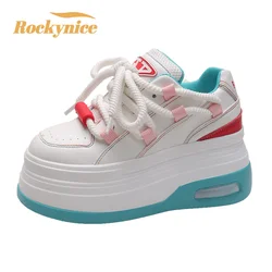 8CM sneakersy na wysokiej podeszwie kobiety na co dzień skórzane buty sportowe nowa jesień z wulkanizowaną deskorolką białe buty kobieta Chaussures Femme