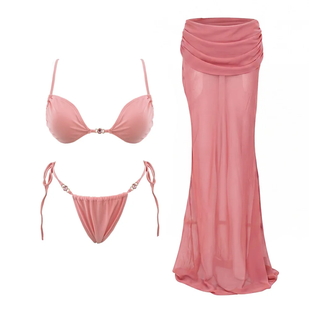 3Pc Push Up Bikini With Cover Up Women Sexy Swimsuit Solid Female Swimwear Bandeau Biquini Pink Bathingsuit Bodysuit Beachwear