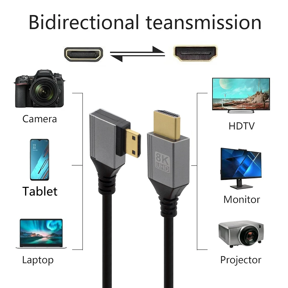 Kabel 8K UHD 90 stopni w górę/w dół/w lewo/w prawo Mini-HD Micro-HD do portu HD cienki przewód do kamerka do laptopa monitora kamery HDTV