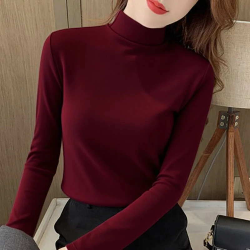 2025 Women Classic Korean Long Sleeve Tops Lady Fashion Thermal Underwear Clothes Female Half High Collar Thin Pullovers