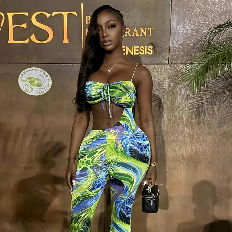 STYLISH LADY Tie Dye Print Cutout Tie Up Bodycon Flare Jumpsuit For Women Sleeveless Asymmetrical Club Party One Piece Outfit