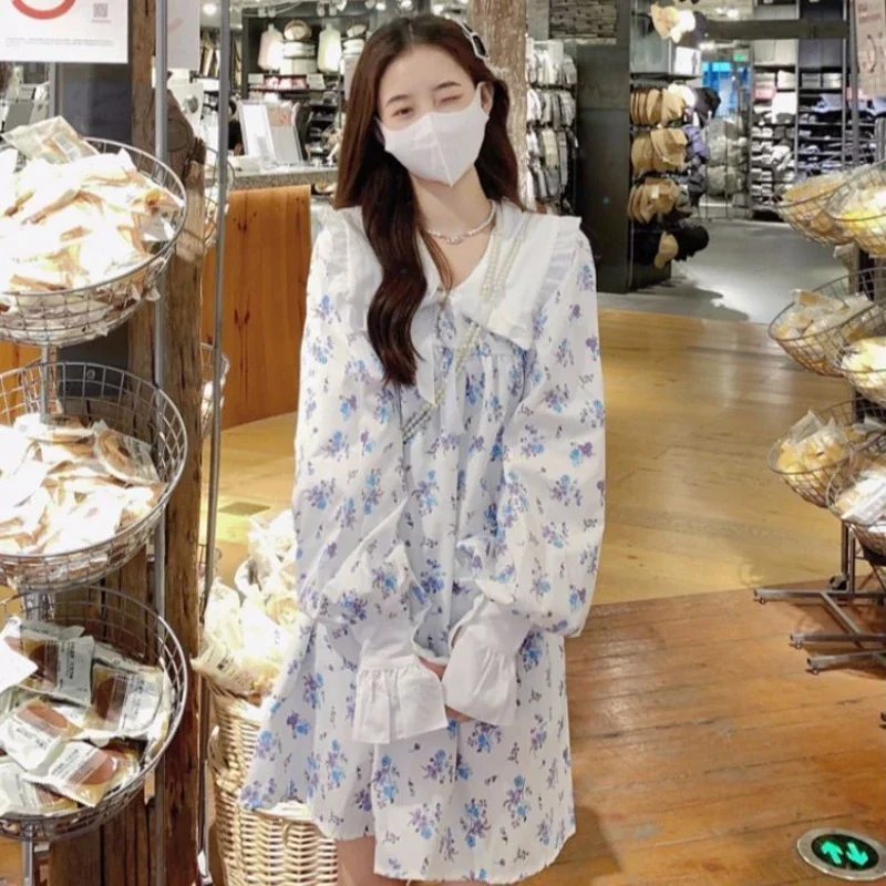 Kleider Frauen Floral Peter Pan Kragen Süße Reizende Frühling Rüschen Lose Langarm Herbst Koreanischen Stil A-line Kleid Neue