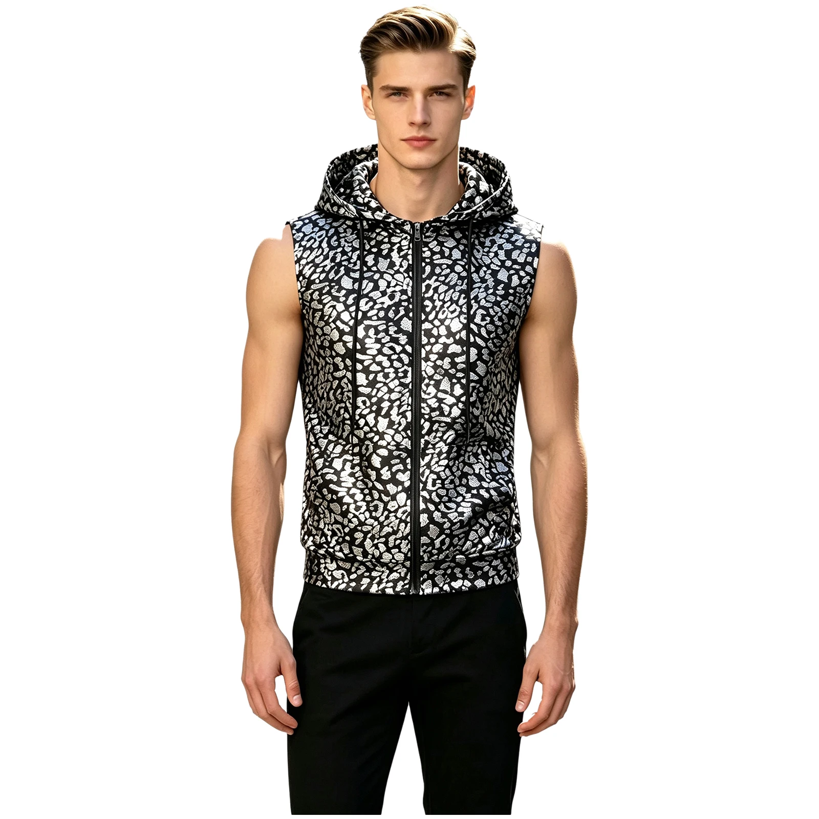Men Women Metallic Leopard Hoodie Jackets Coat Sleeveless Zipper Hooded Vest Casual Concert Music Festival Disco Party Clubwear
