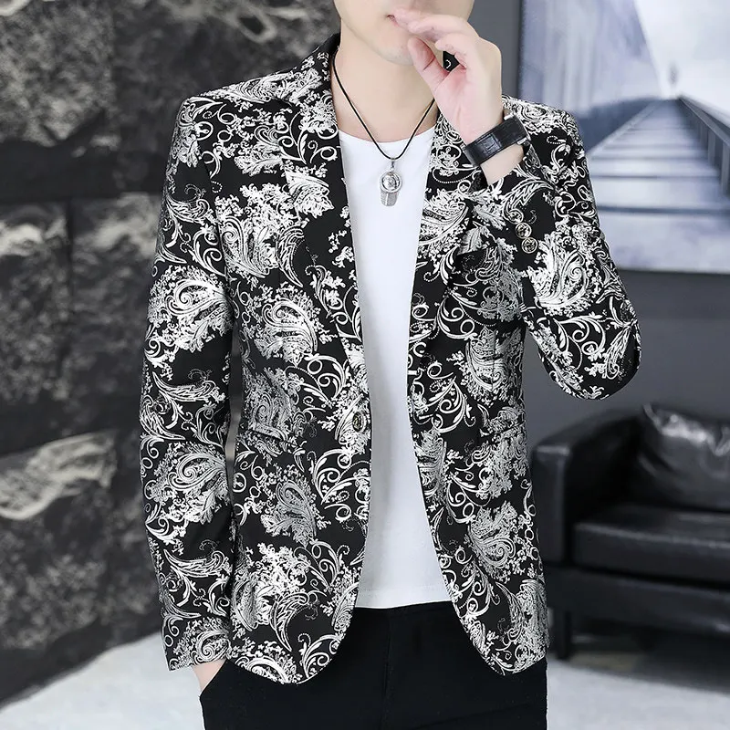 

Men's Gold-Stamped Printed Suit Jaet Faionable Slim Fit Casual Spring Autumn Best Man's Suit Haome Outerwear