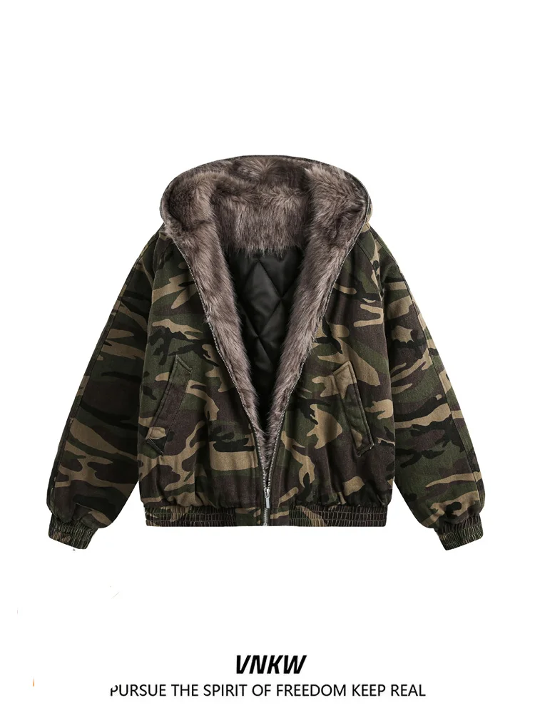 

American Camouflage Thiened Hooded Jaet Men's Sli Warm Fce Lined Couple Coat with Fur Collar Casual Loose Fit