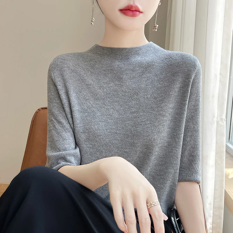 

Women's Summer Semi High Neck Solid Color Loose Fashion Fine Imitation Wool Pullover Wool Knitted Short Sleeved Top