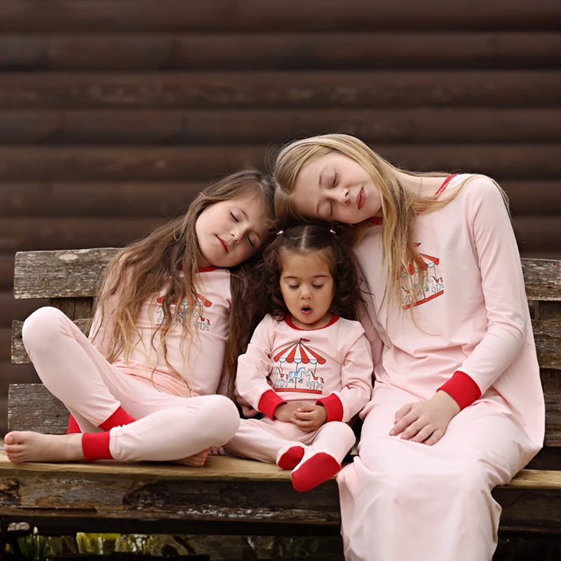 Summer Family Matching Set Long Sleeve Pajamas Brother and Sister Matching Pink and Blue Carousel Soft Print Sibling Clothes