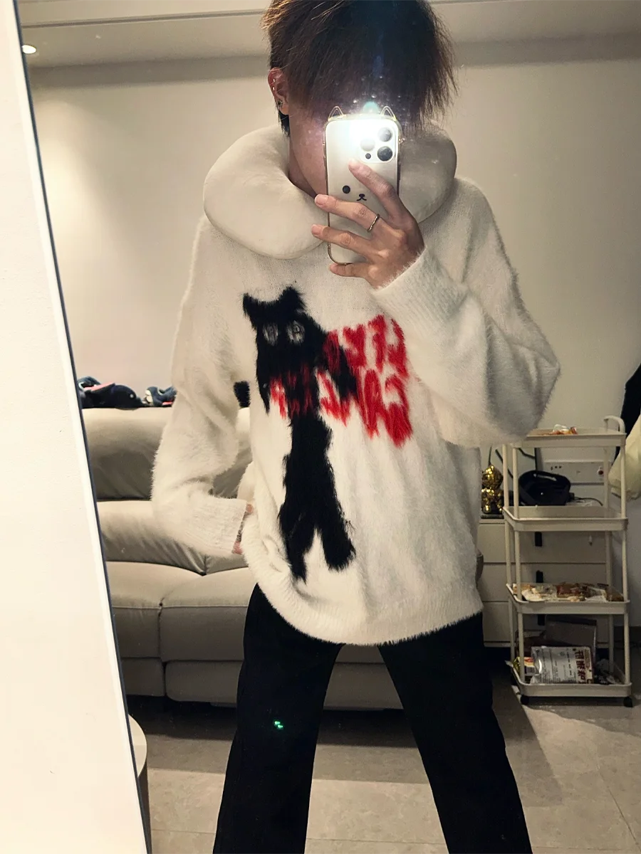 

Новый винтажный вязаный свитер оверсайз унисекс с круглым вырезом для мужчин и женщин, осенне-зимний, в американском стиле, свободный, для пар, в стиле lazy style